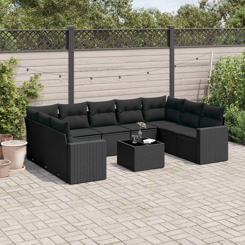 10-delige Loungeset met kussens poly rattan zwart – afbeelding 1