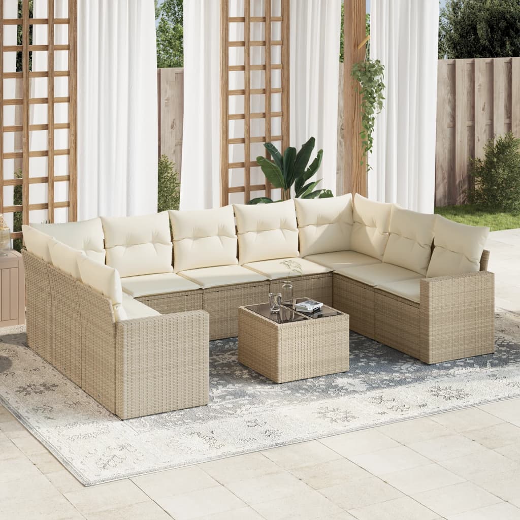 10-delige Loungeset met kussens poly rattan beige – afbeelding 1