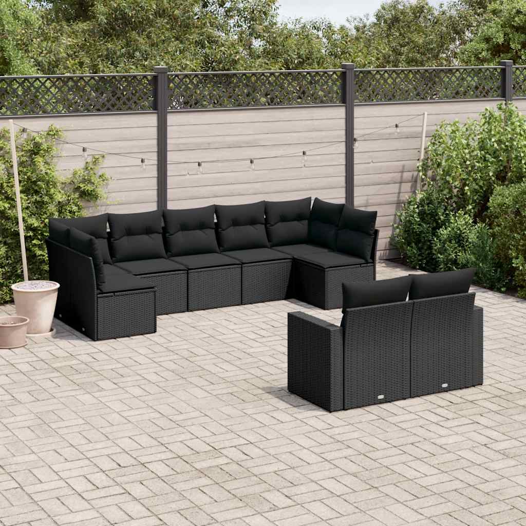 9-delige Loungeset met kussens poly rattan zwart – afbeelding 1