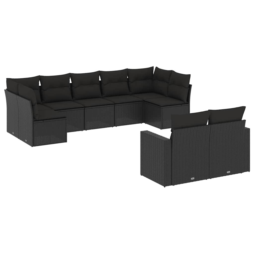 9-delige Loungeset met kussens poly rattan zwart – afbeelding 2