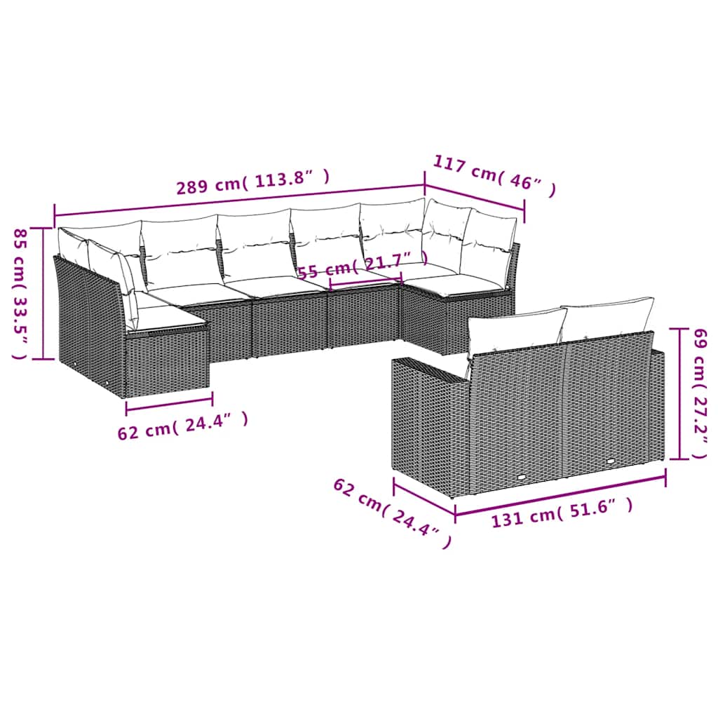 9-delige Loungeset met kussens poly rattan zwart – afbeelding 7