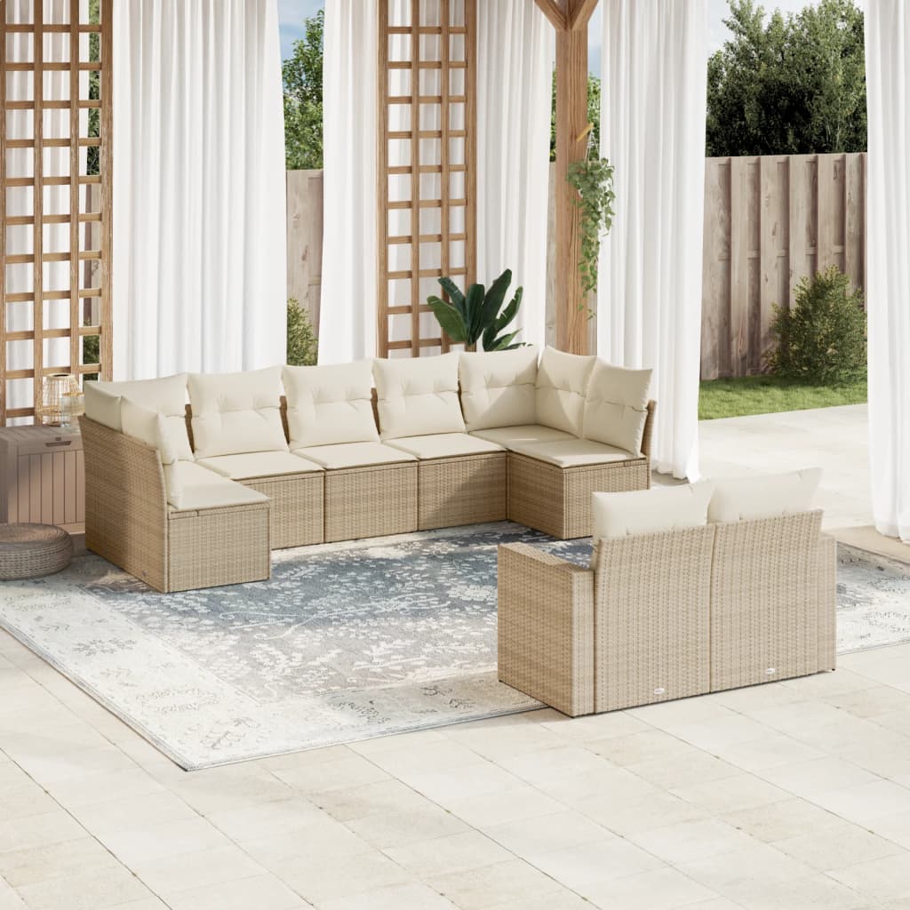 9-delige Loungeset met kussens poly rattan beige – afbeelding 1
