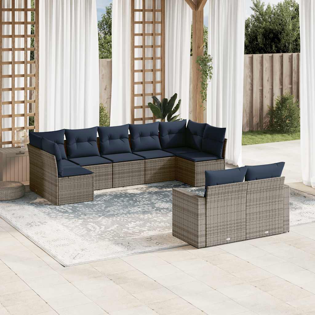 9-delige Loungeset met kussens poly rattan grijs – afbeelding 1