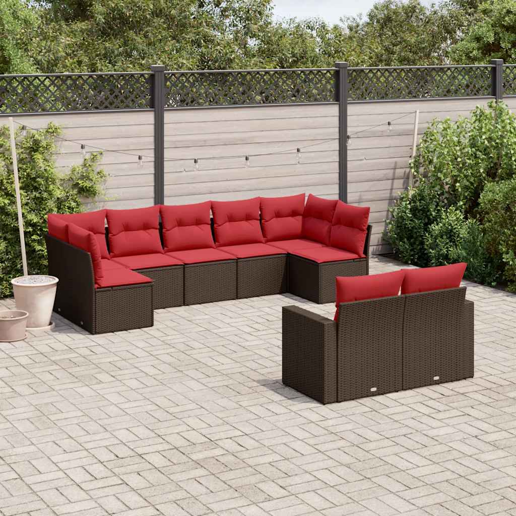 9-delige Loungeset met kussens poly rattan bruin – afbeelding 1