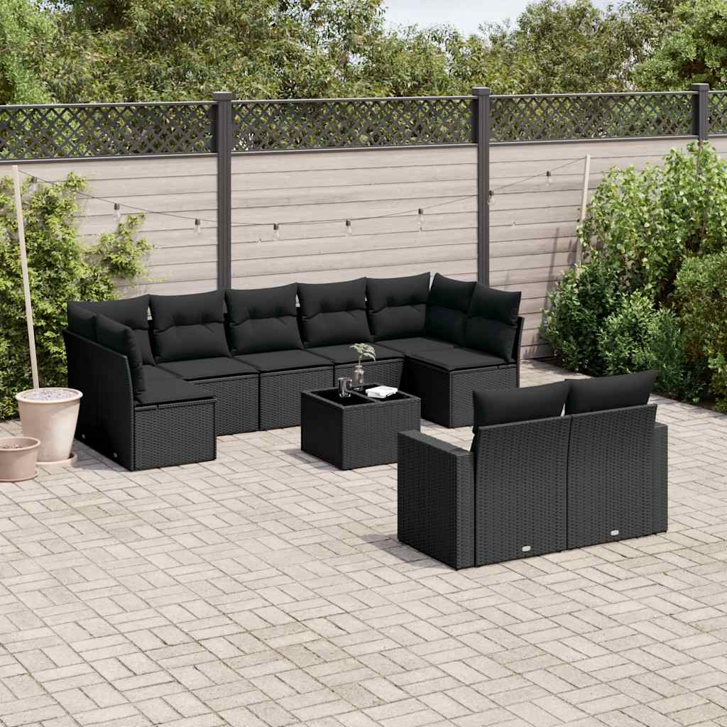 10-delige Loungeset met kussens poly rattan zwart – afbeelding 1