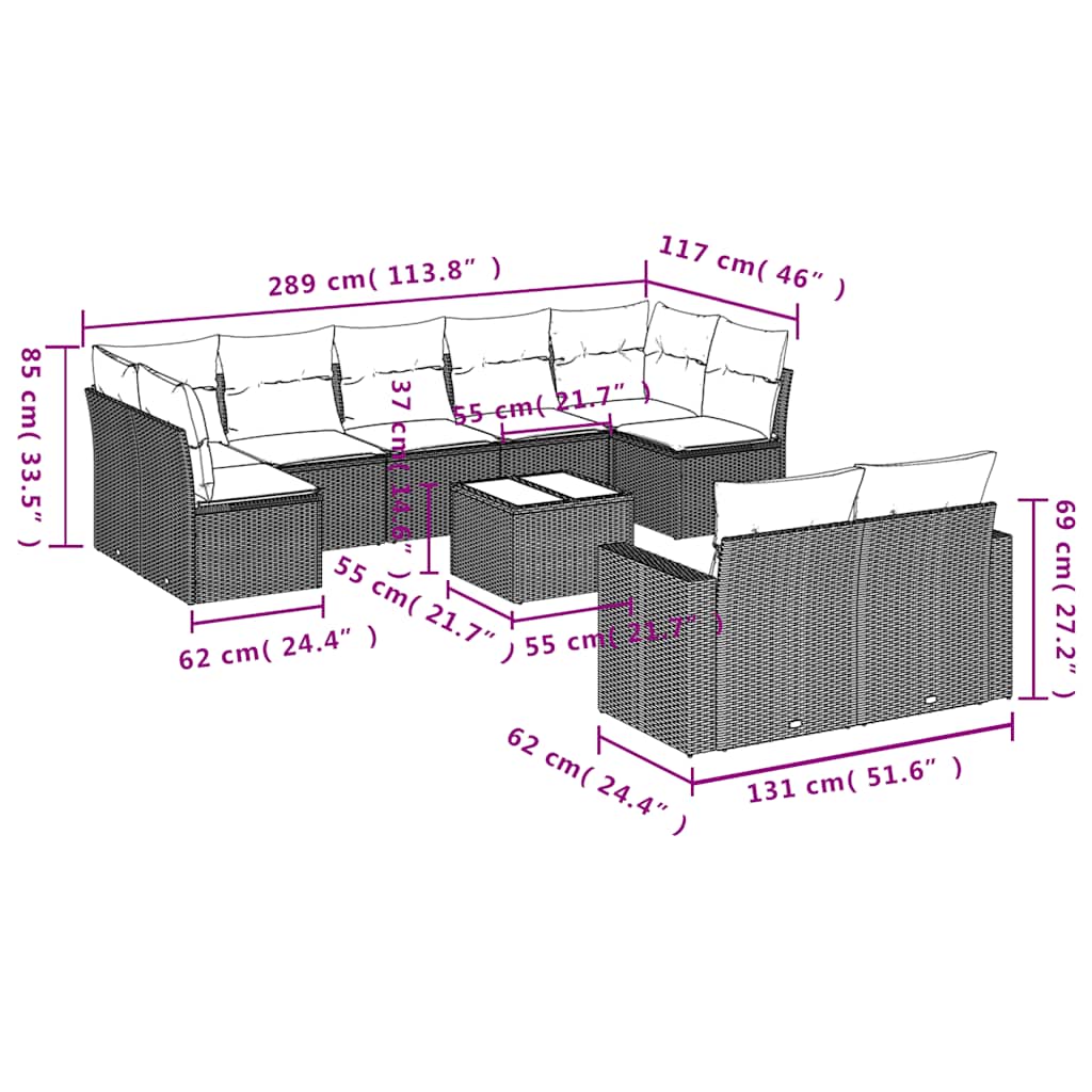 10-delige Loungeset met kussens poly rattan zwart – afbeelding 8