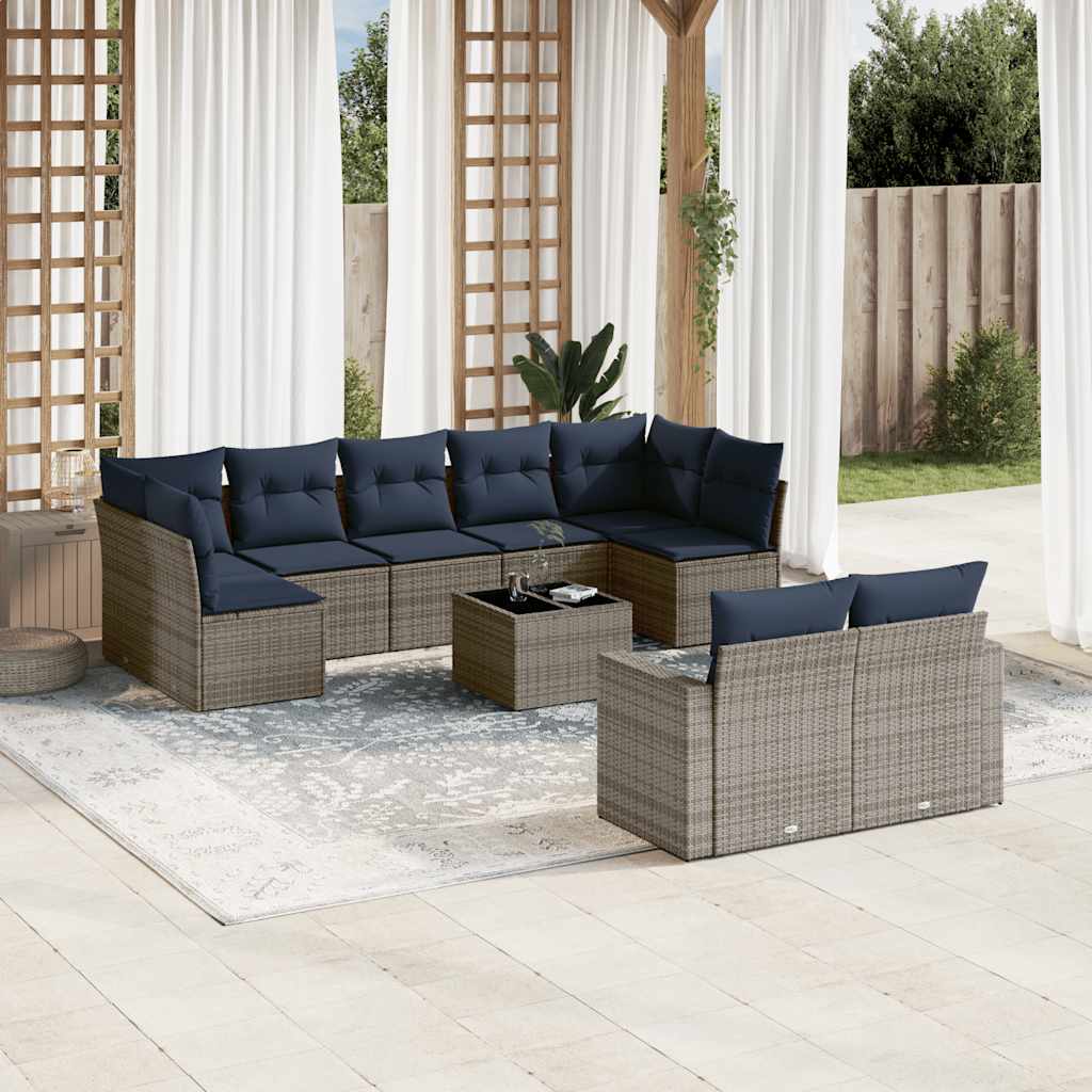 10-delige Loungeset met kussens poly rattan grijs – afbeelding 1