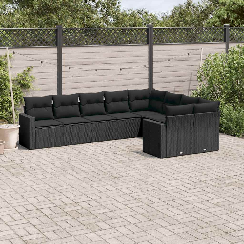 9-delige Loungeset met kussens poly rattan zwart – afbeelding 1