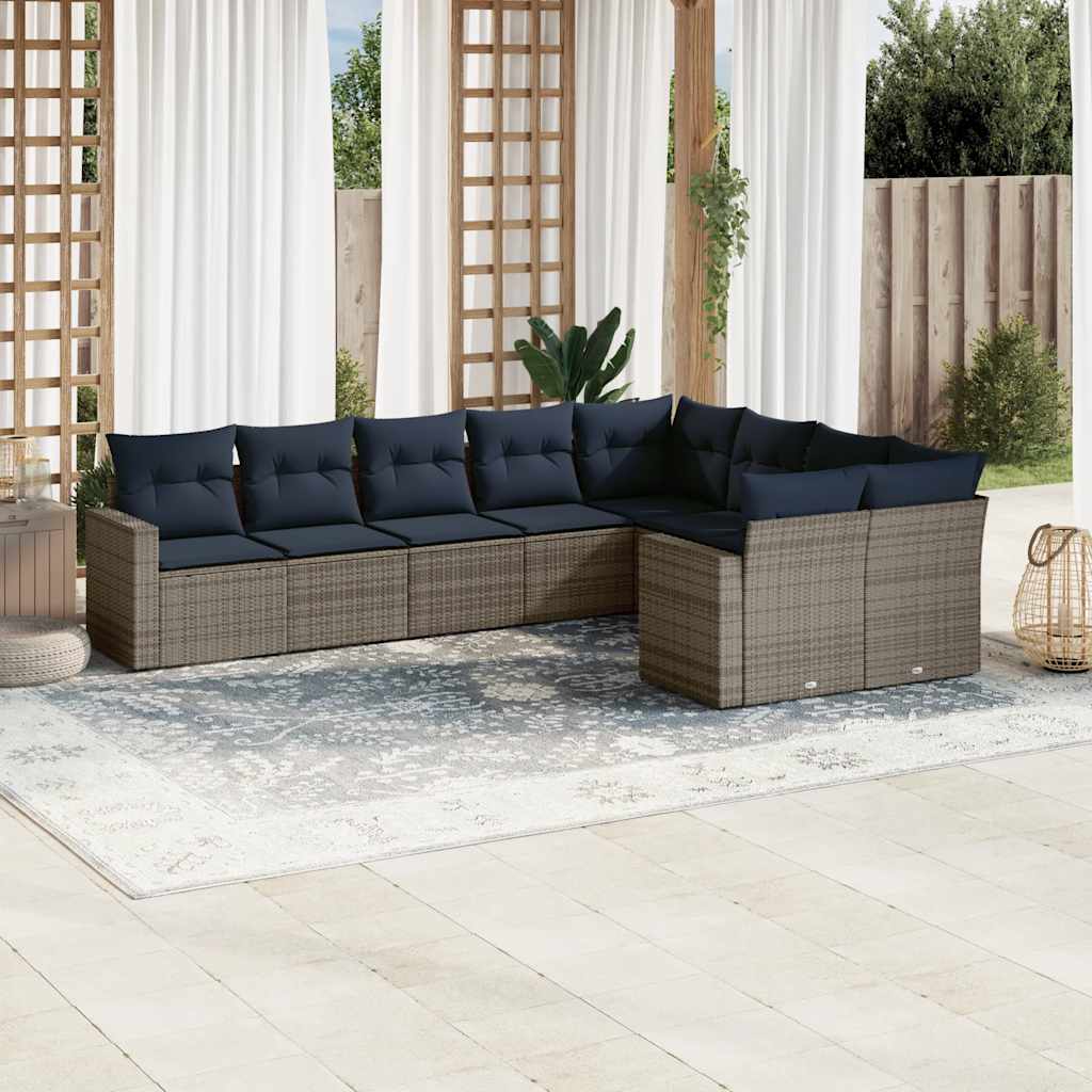9-delige Loungeset met kussens poly rattan grijs – afbeelding 1