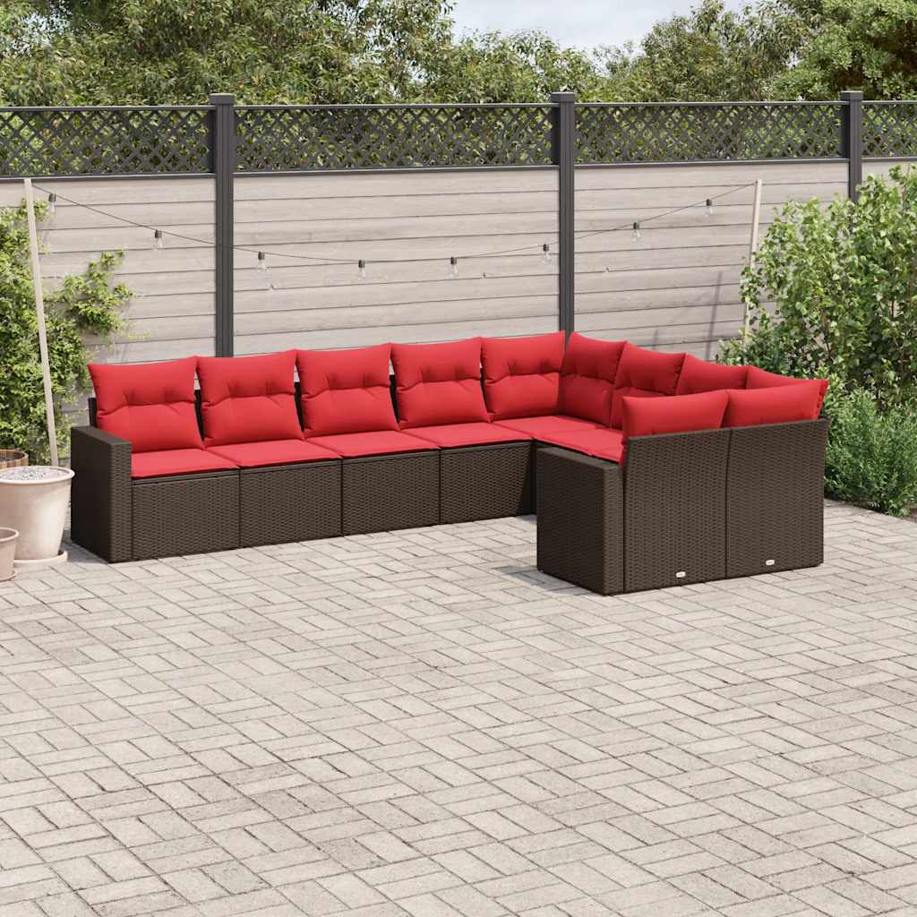 9-delige Loungeset met kussens poly rattan bruin – afbeelding 1