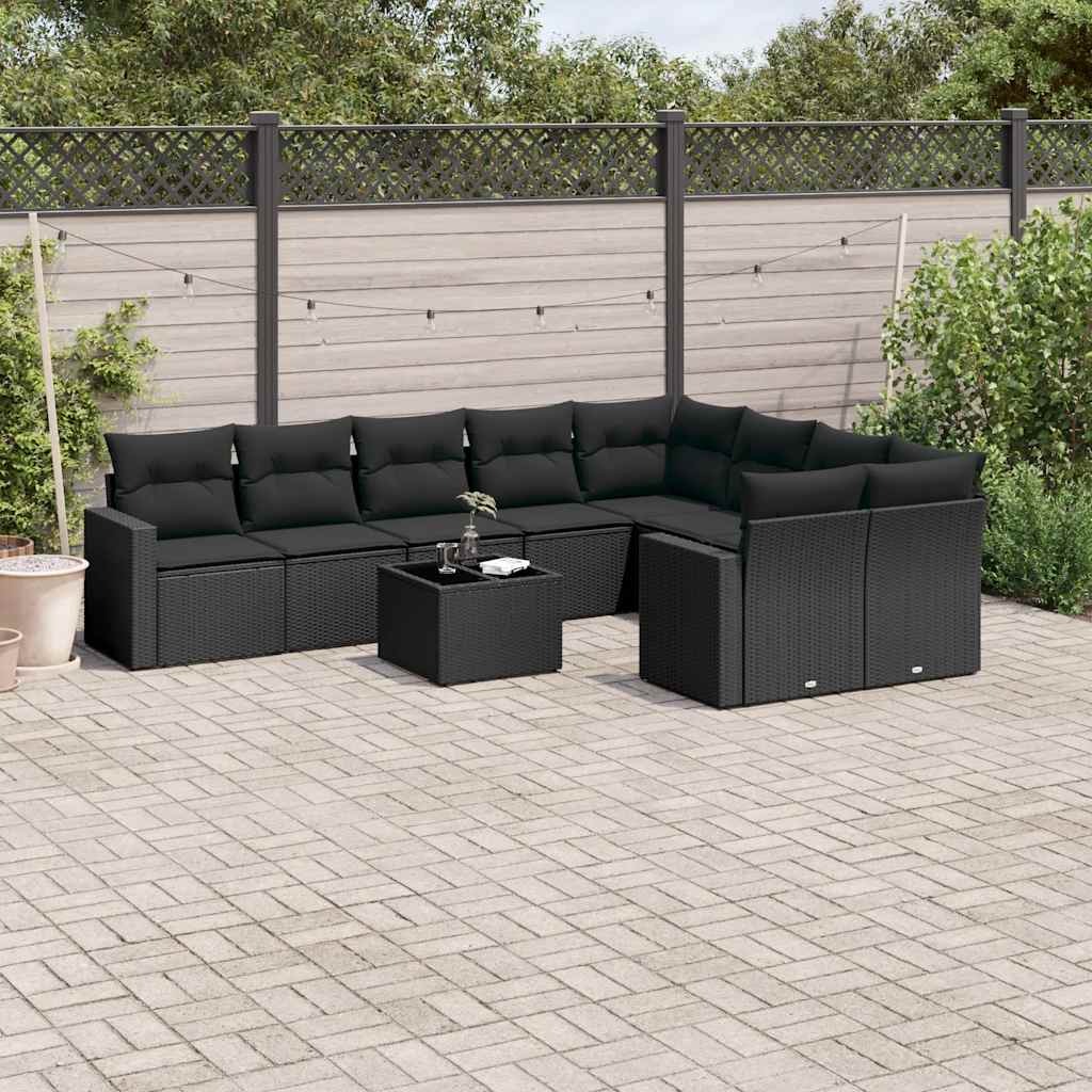10-delige Loungeset met kussens poly rattan zwart – afbeelding 1