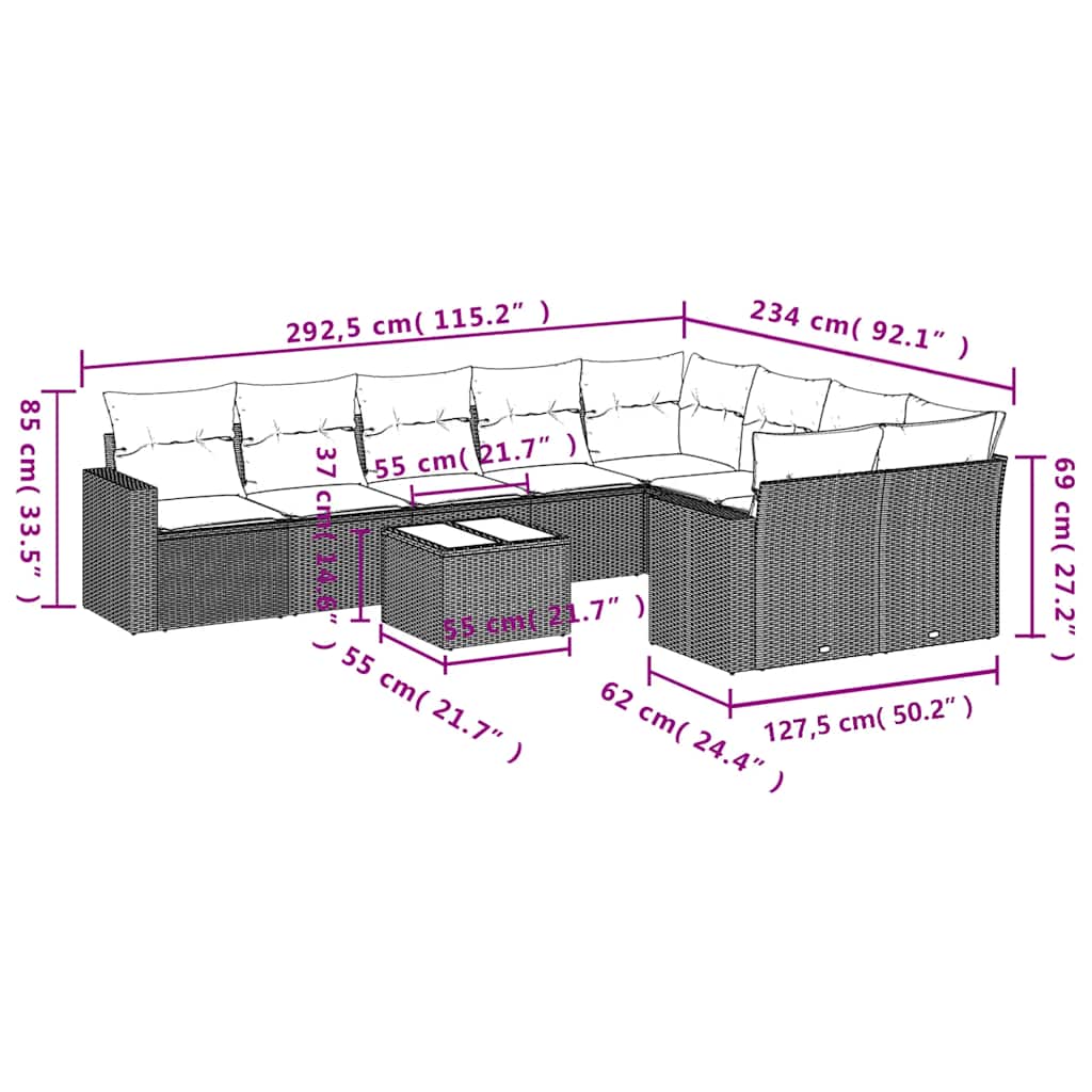 10-delige Loungeset met kussens poly rattan zwart – afbeelding 8