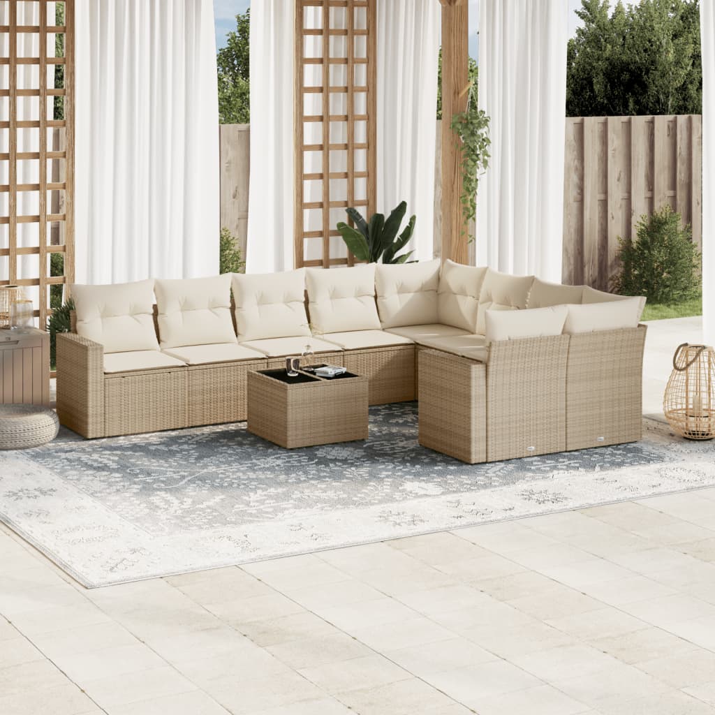 10-delige Loungeset met kussens poly rattan beige – afbeelding 1
