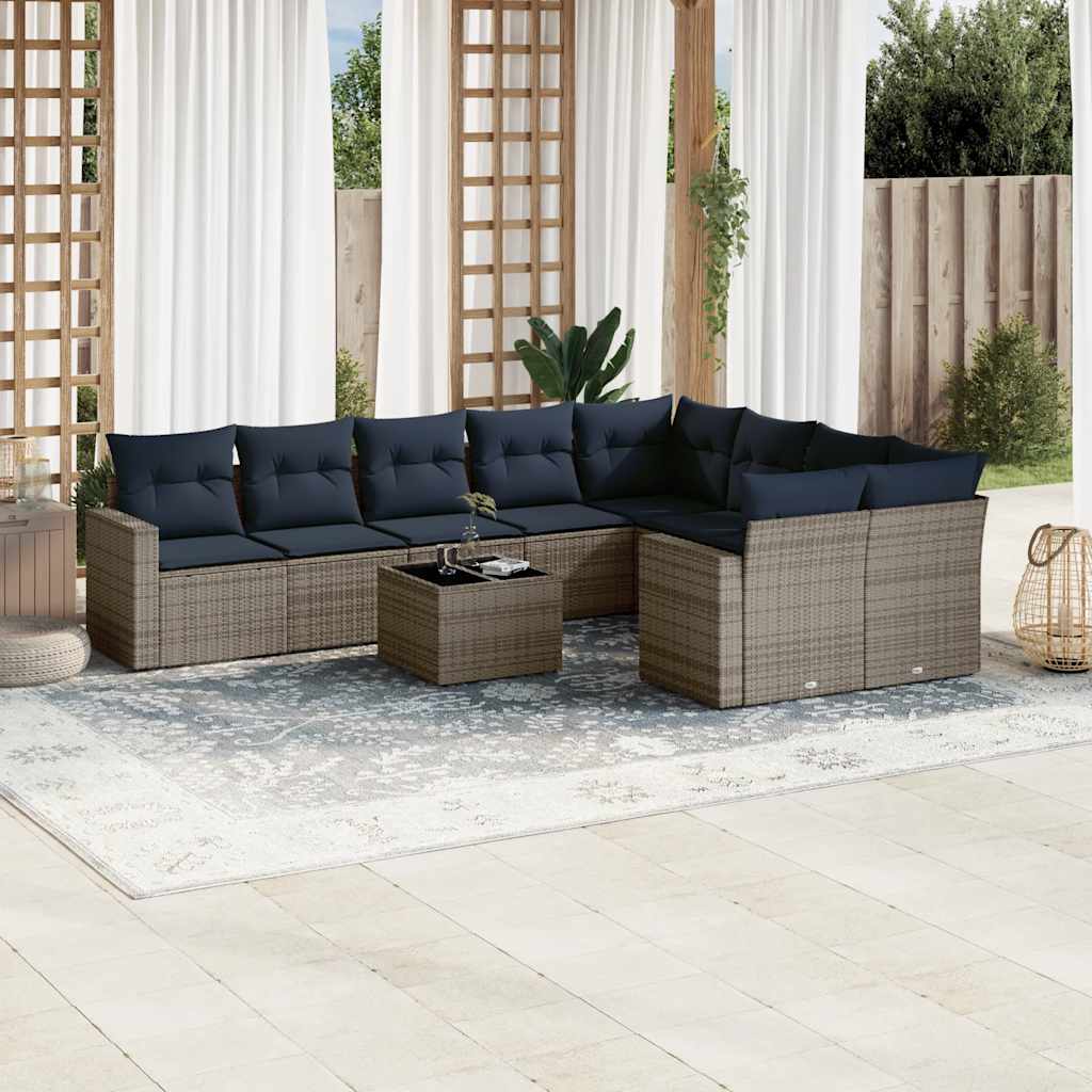 10-delige Loungeset met kussens poly rattan grijs – afbeelding 1