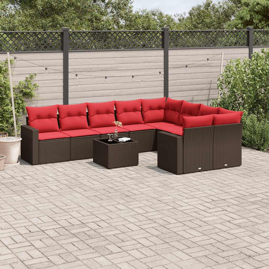 10-delige Loungeset met kussens poly rattan bruin – afbeelding 1