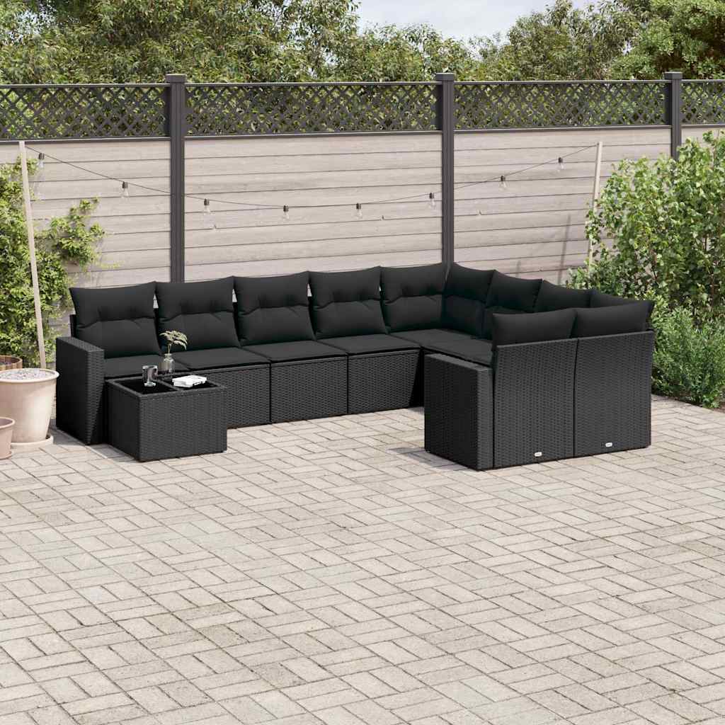 10-delige Loungeset met kussens poly rattan zwart – afbeelding 1