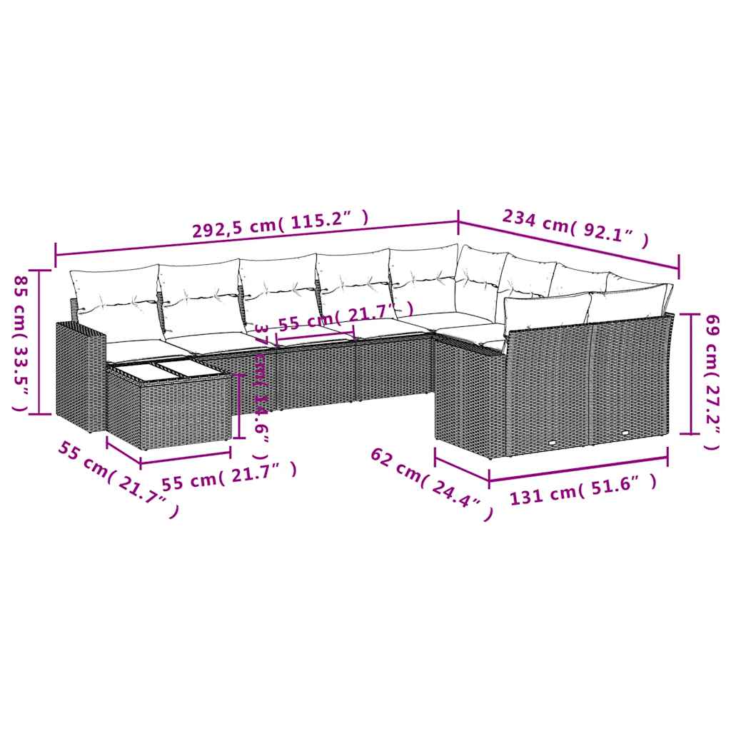 10-delige Loungeset met kussens poly rattan zwart – afbeelding 8