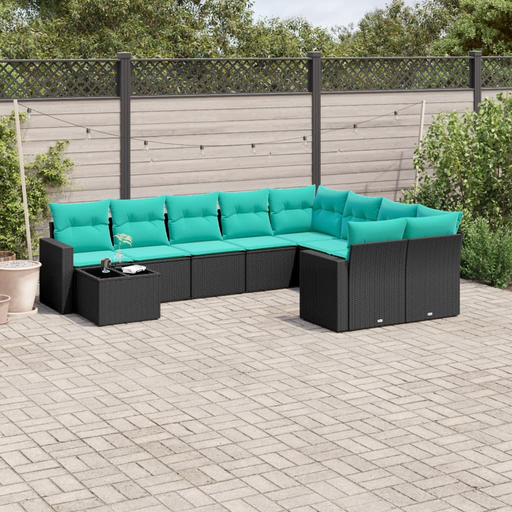 10-delige Loungeset met kussens poly rattan zwart – afbeelding 1