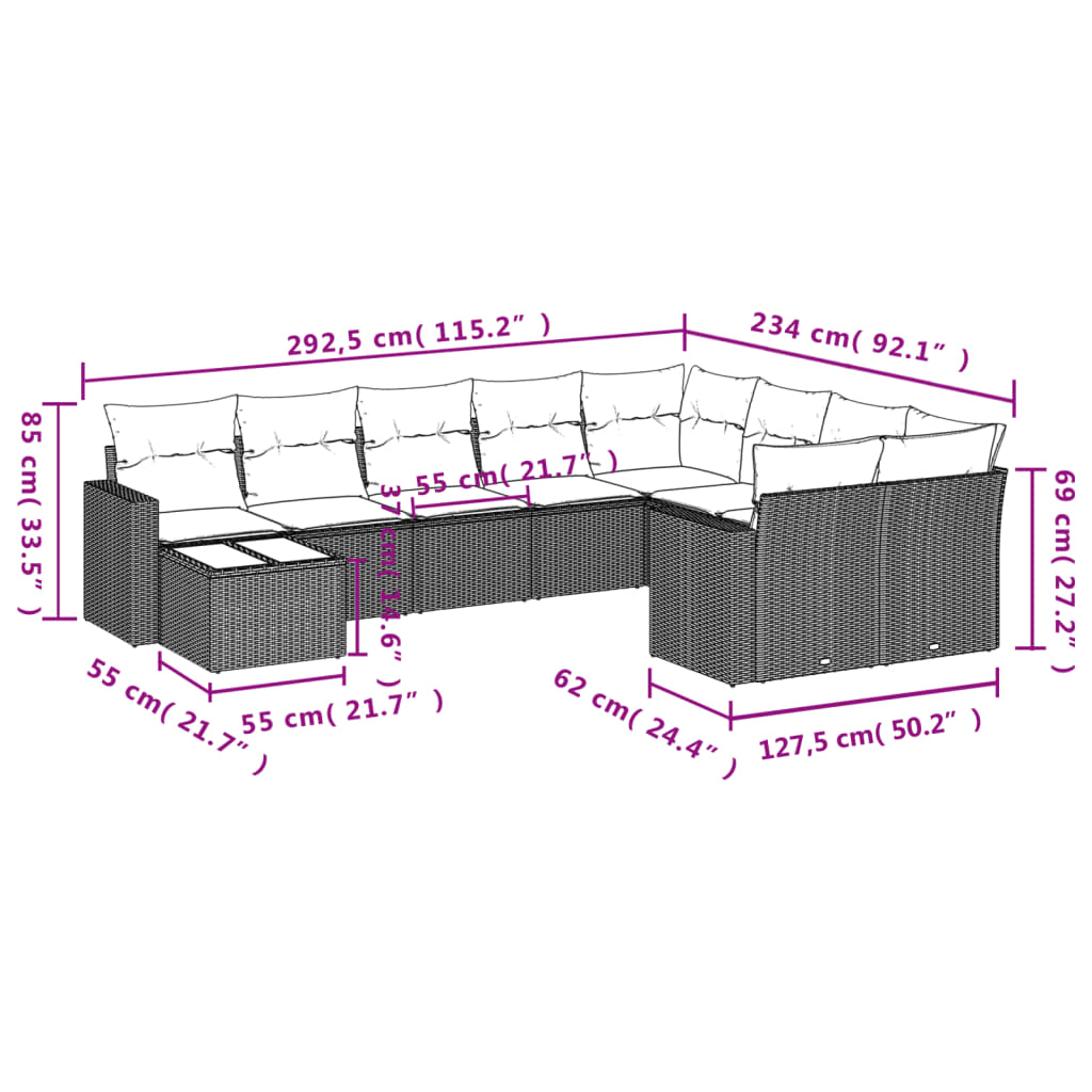 10-delige Loungeset met kussens poly rattan zwart – afbeelding 8