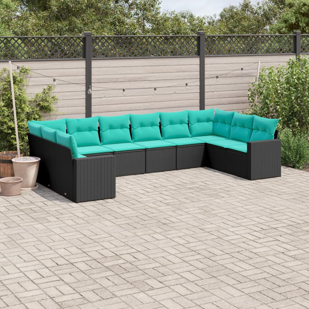 10-delige Loungeset met kussens poly rattan zwart – afbeelding 1