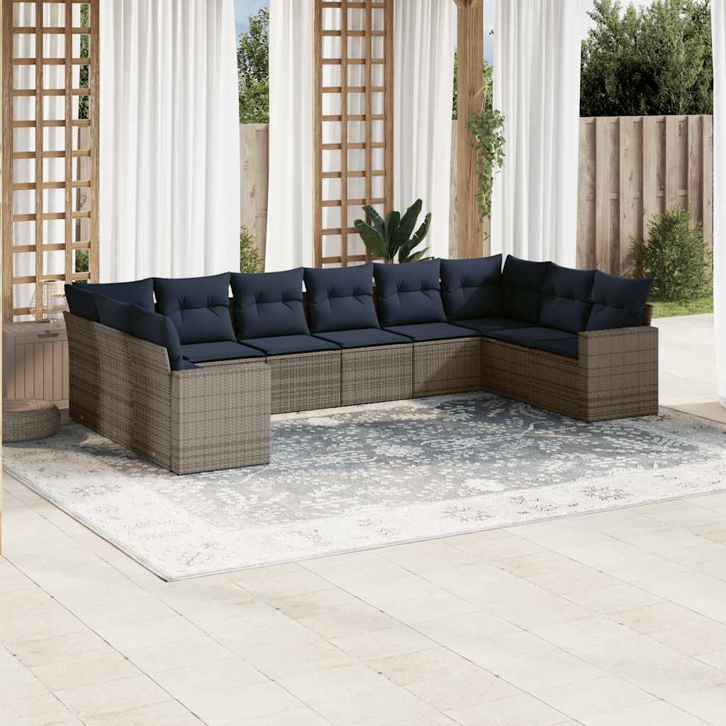 10-delige Loungeset met kussens poly rattan grijs – afbeelding 1