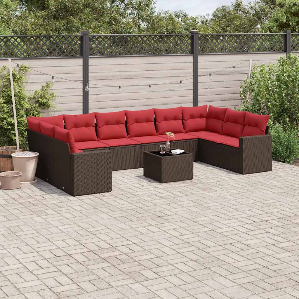 11-delige Loungeset met kussens poly rattan bruin – afbeelding 1