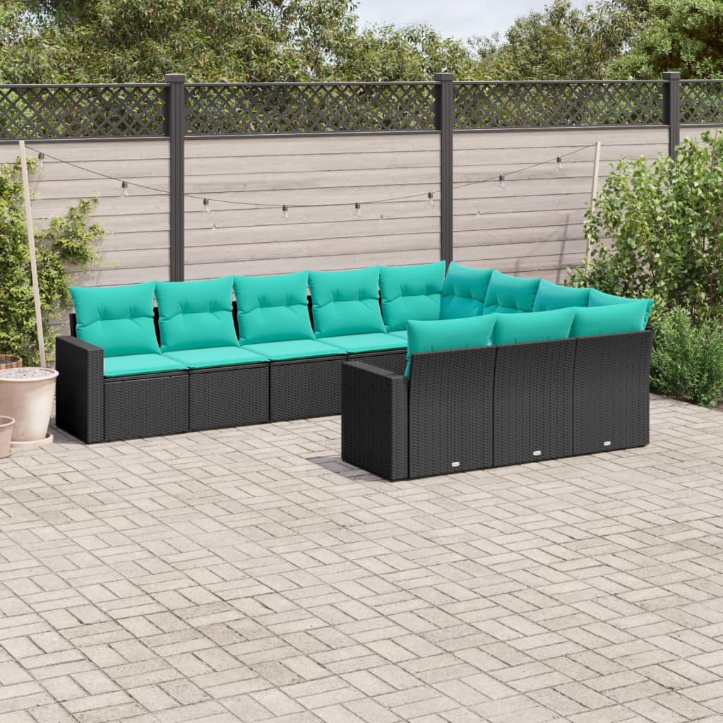 10-delige Loungeset met kussens poly rattan zwart – afbeelding 1