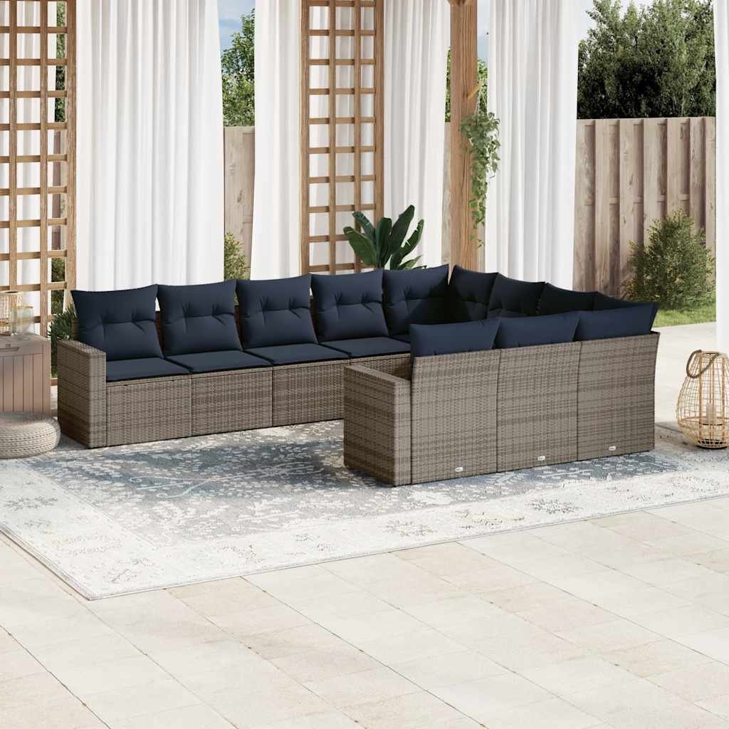 10-delige Loungeset met kussens poly rattan grijs – afbeelding 1