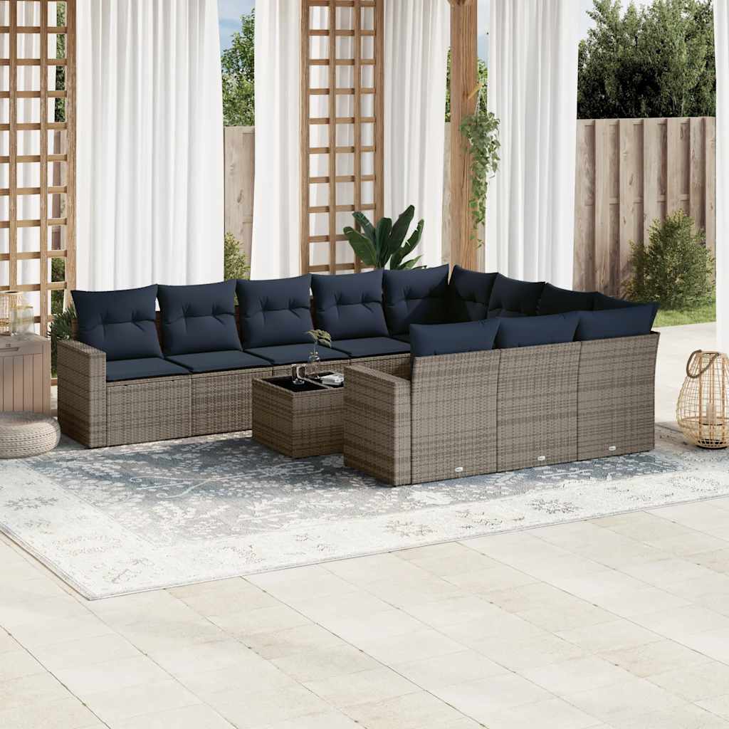 11-delige Loungeset met kussens poly rattan grijs – afbeelding 1