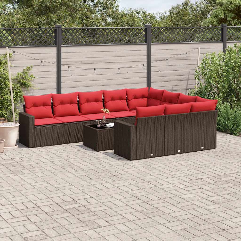 11-delige Loungeset met kussens poly rattan bruin – afbeelding 1