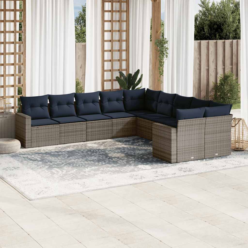 10-delige Loungeset met kussens poly rattan grijs – afbeelding 1