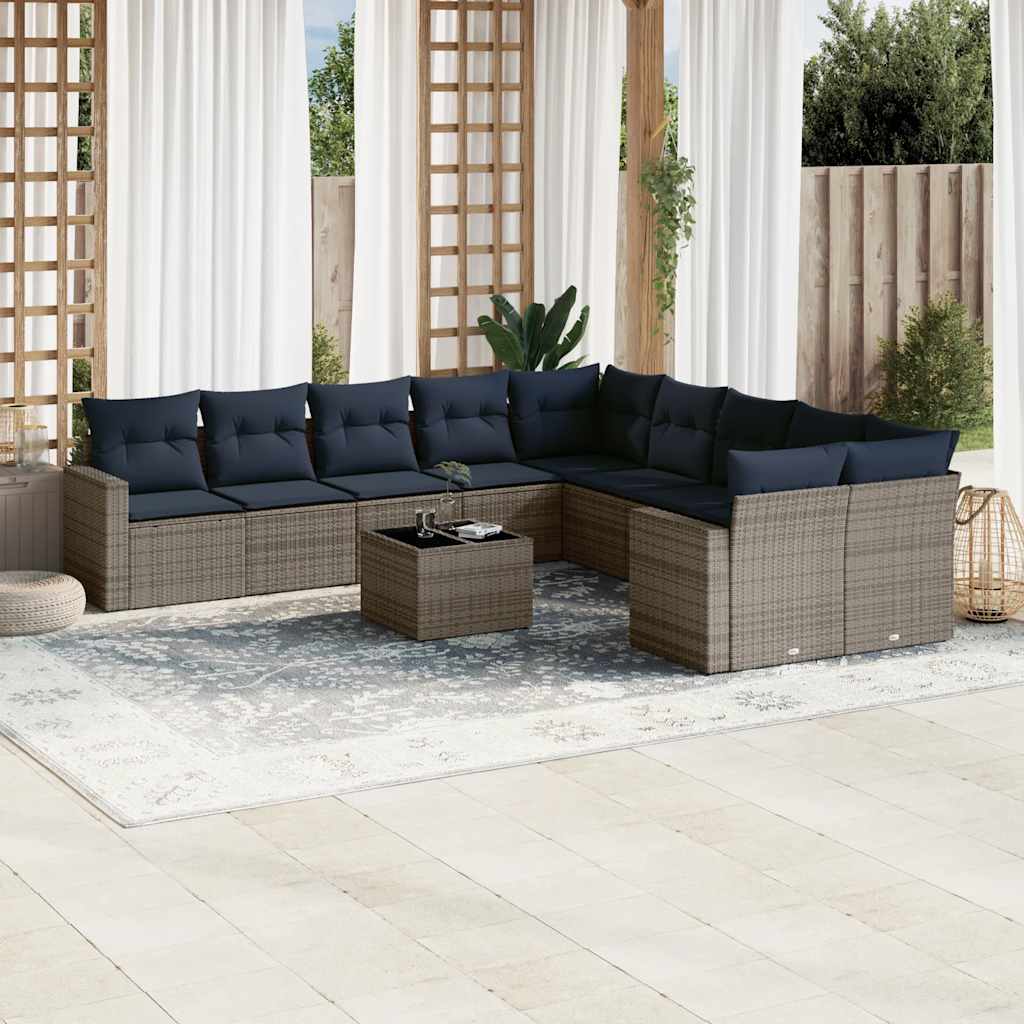 11-delige Loungeset met kussens poly rattan grijs – afbeelding 1