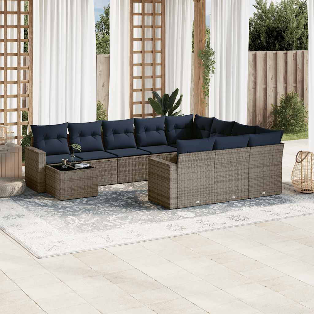 11-delige tuinbankset met kussens, grijs polyrotan – afbeelding 1