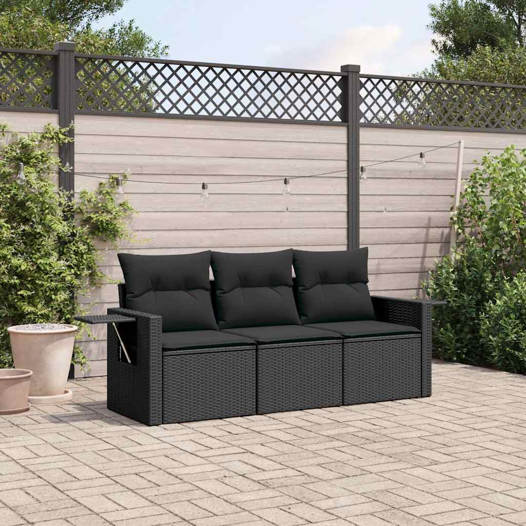 3-delige Loungeset met kussens poly rattan zwart – afbeelding 1