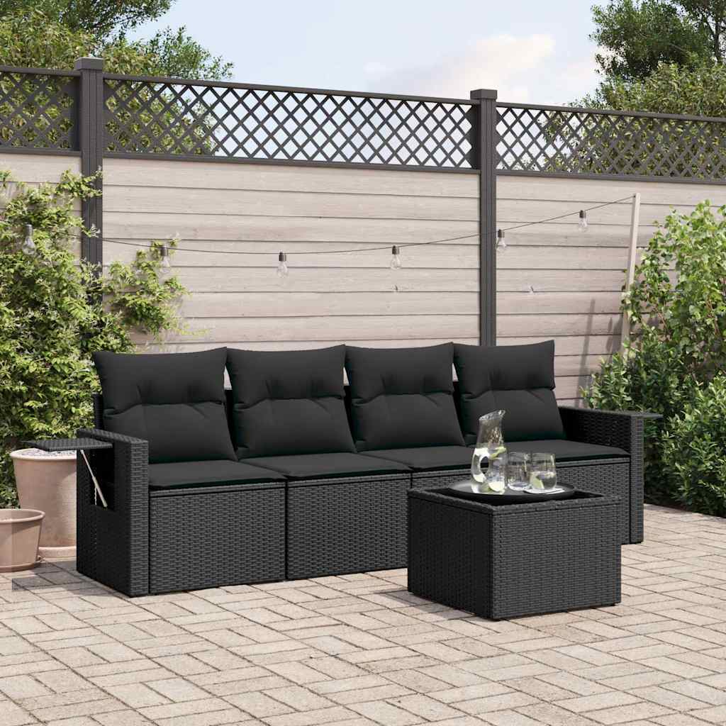 5-delige Loungeset met kussens poly rattan zwart – afbeelding 1