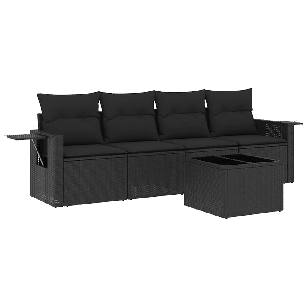 5-delige Loungeset met kussens poly rattan zwart – afbeelding 2