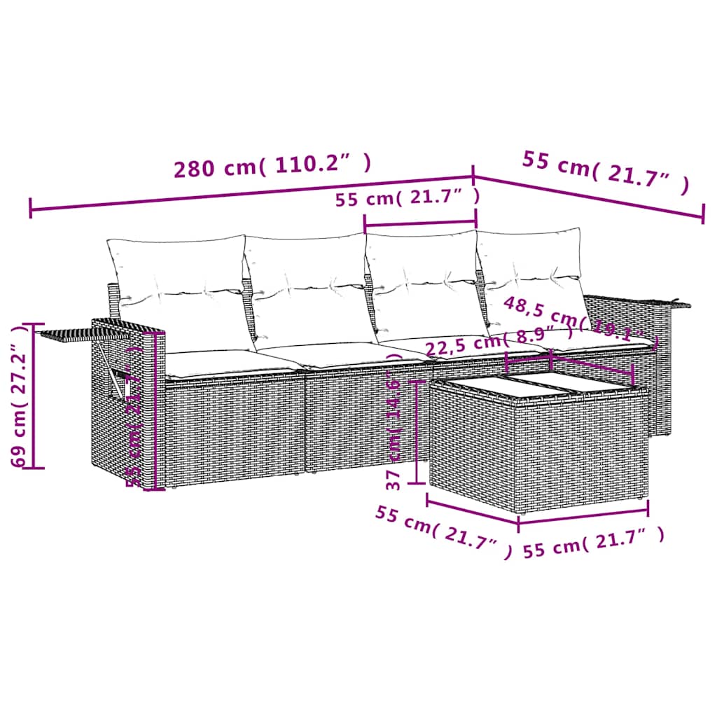 5-delige Loungeset met kussens poly rattan zwart – afbeelding 8