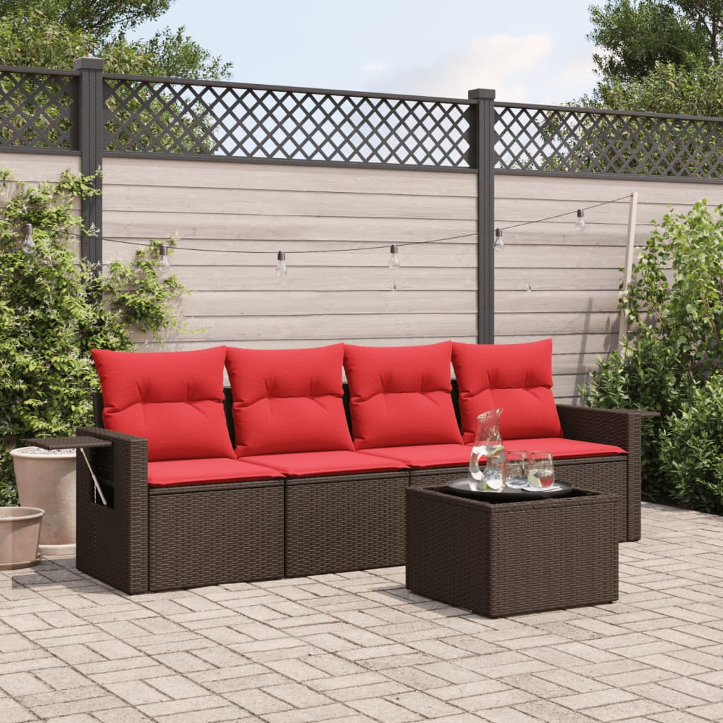 5-delige tuinbankset met kussens, bruin polyrotan