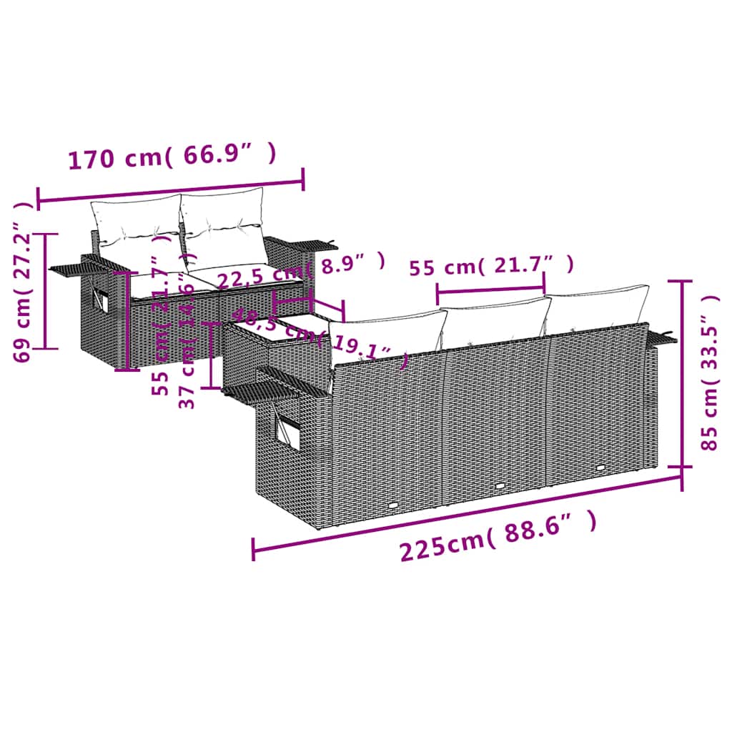 6-delige Loungeset met kussens poly rattan zwart – afbeelding 8