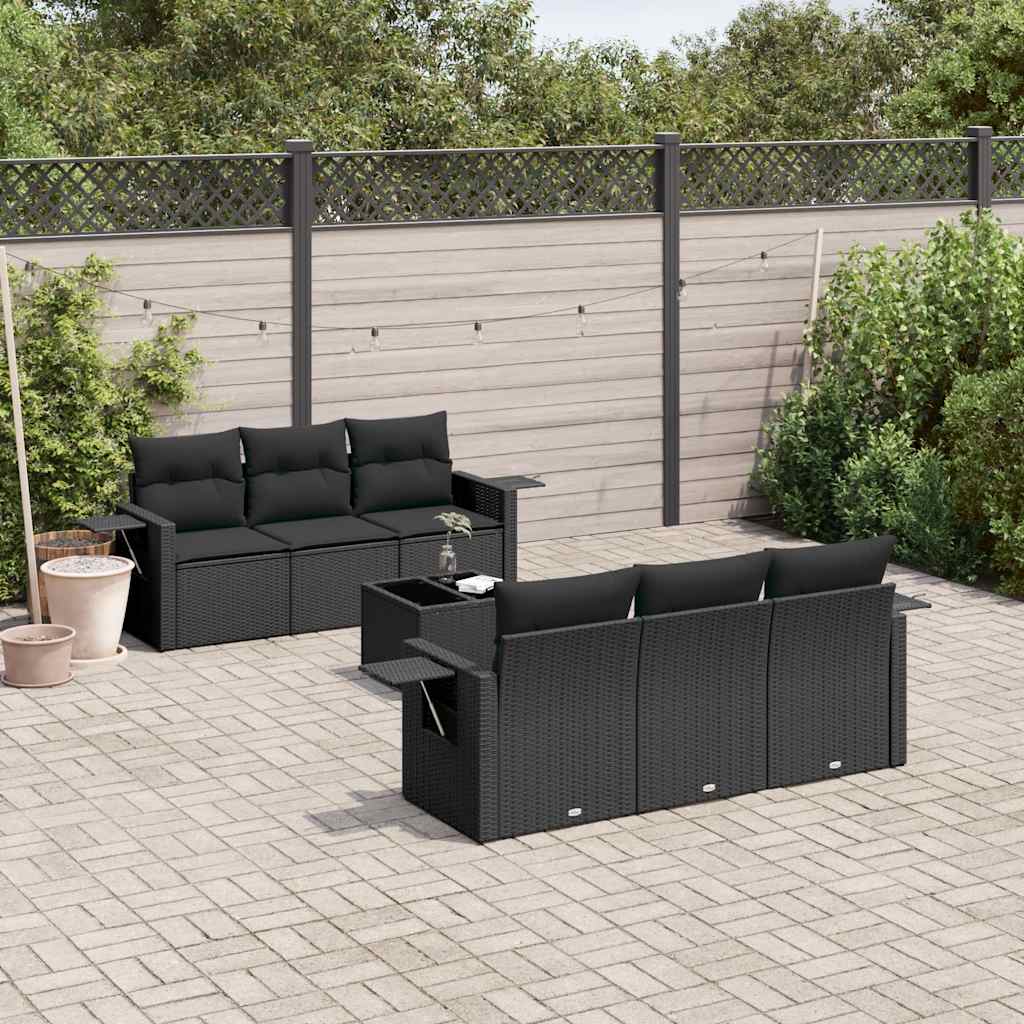 7-delige Loungeset met kussens poly rattan zwart – afbeelding 1
