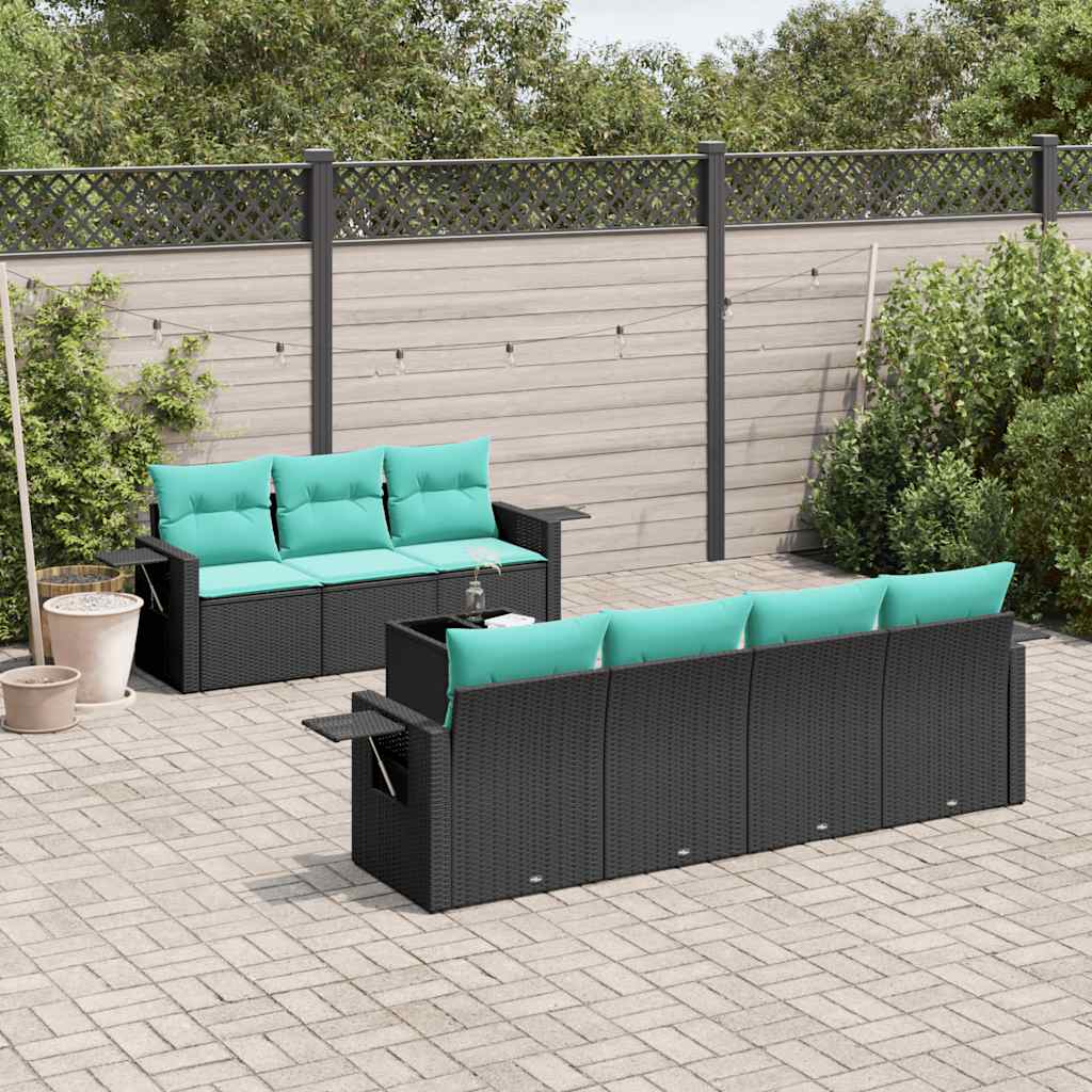 8-delige tuinbankset met kussens, zwart polyrotan