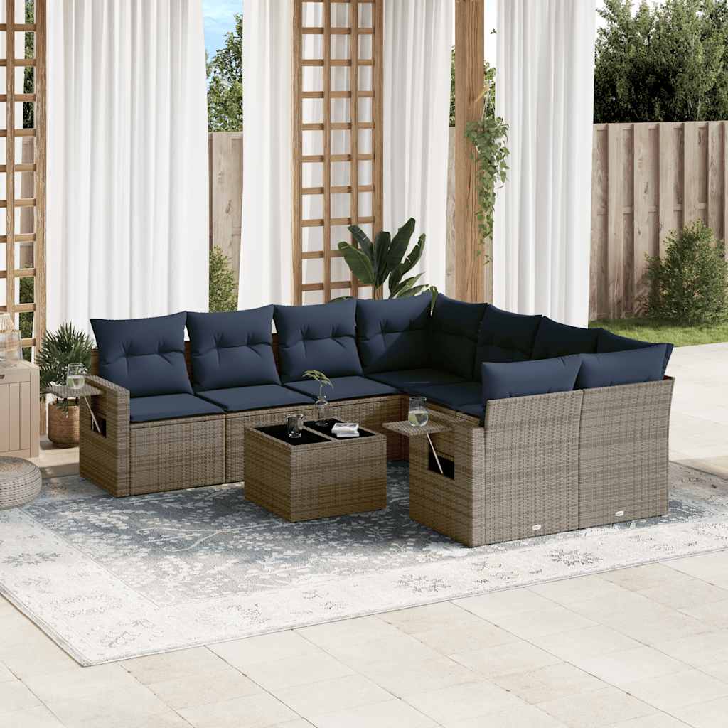 9-delige tuinbankset met kussens, grijs polyrotan – afbeelding 1