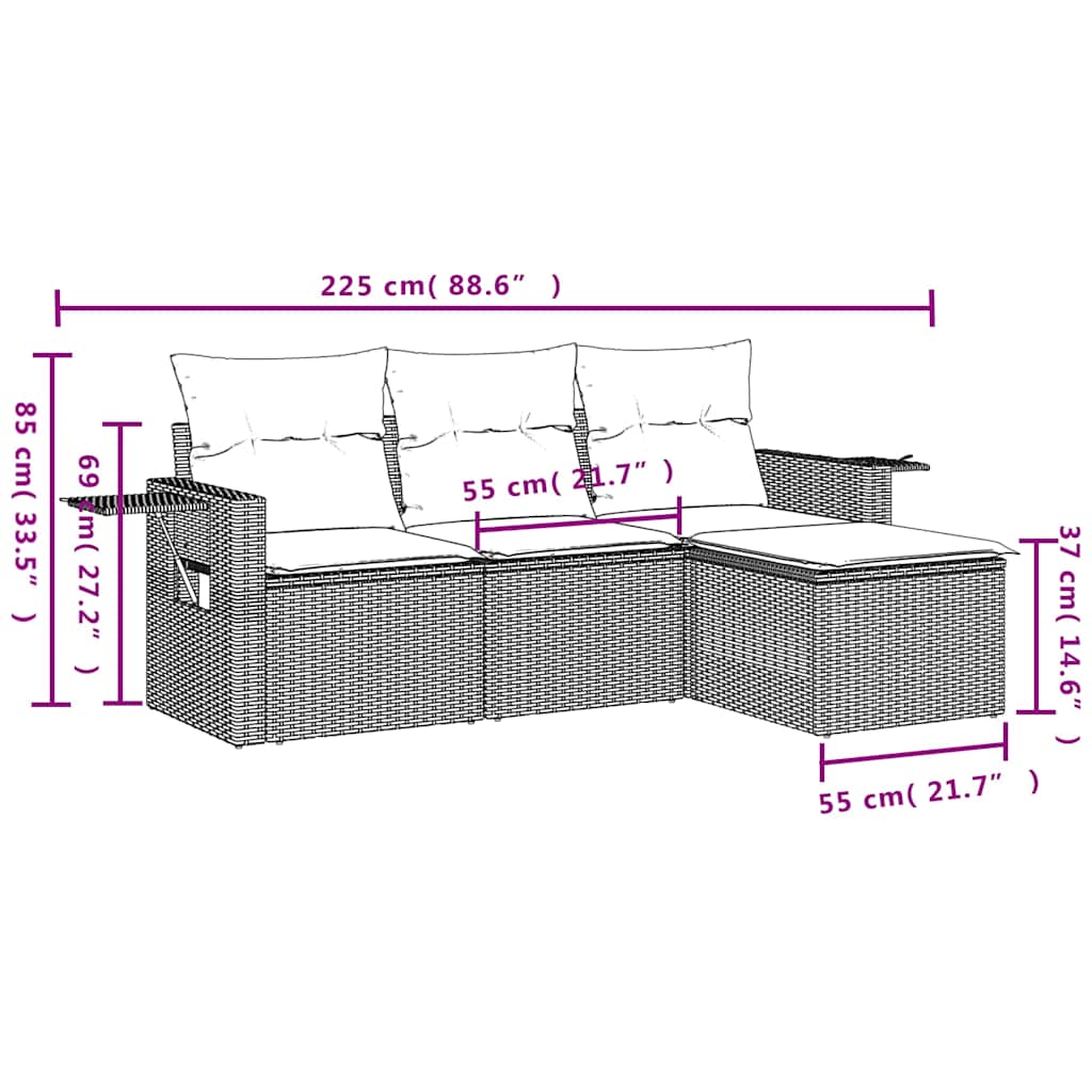 4-delige Loungeset met kussens poly rattan zwart – afbeelding 7