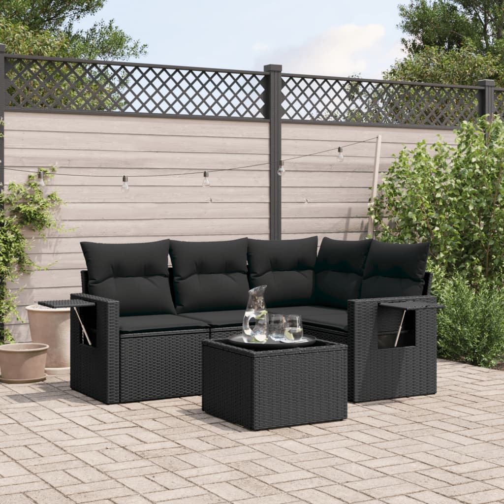 5-delige Loungeset met kussens poly rattan zwart – afbeelding 1