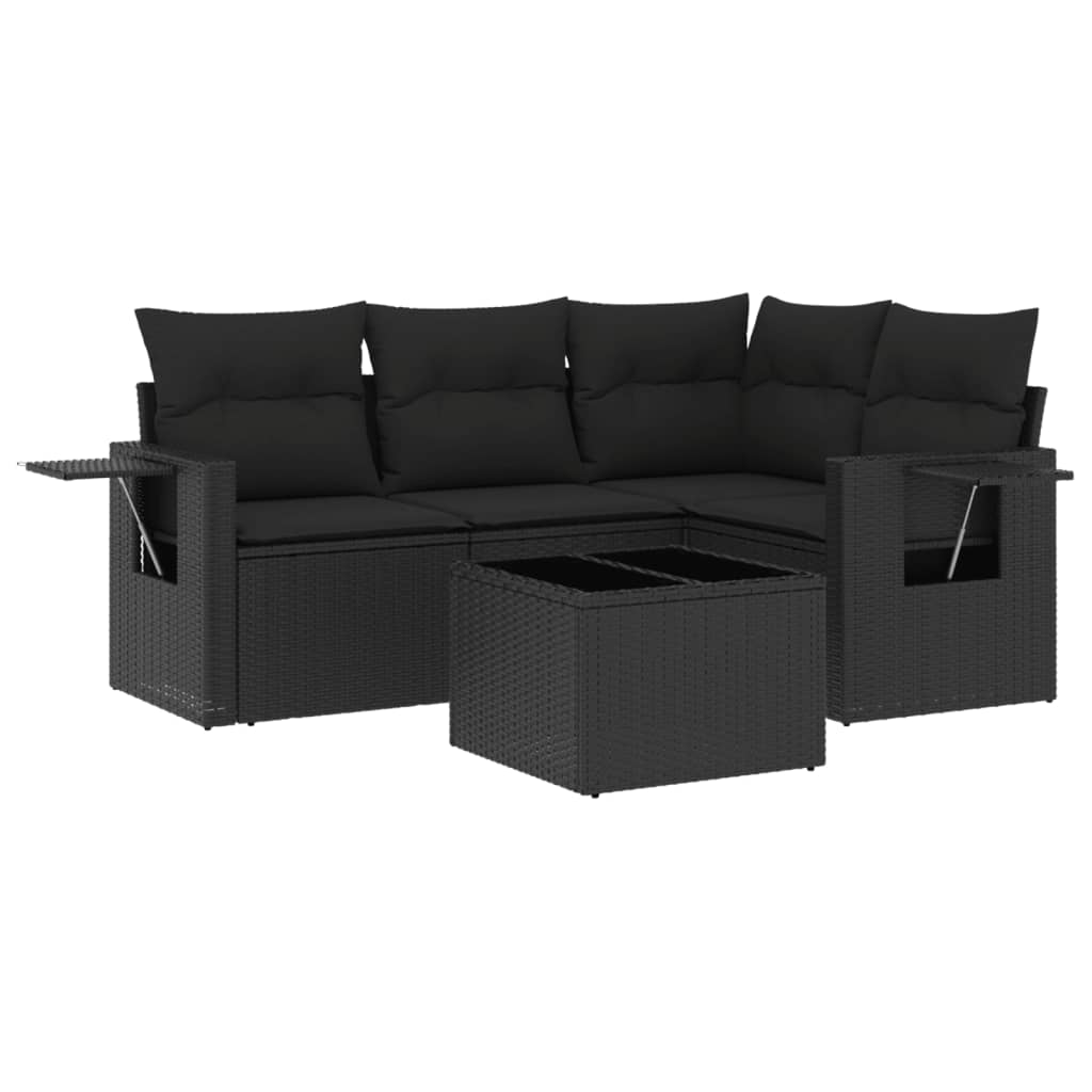 5-delige Loungeset met kussens poly rattan zwart – afbeelding 2