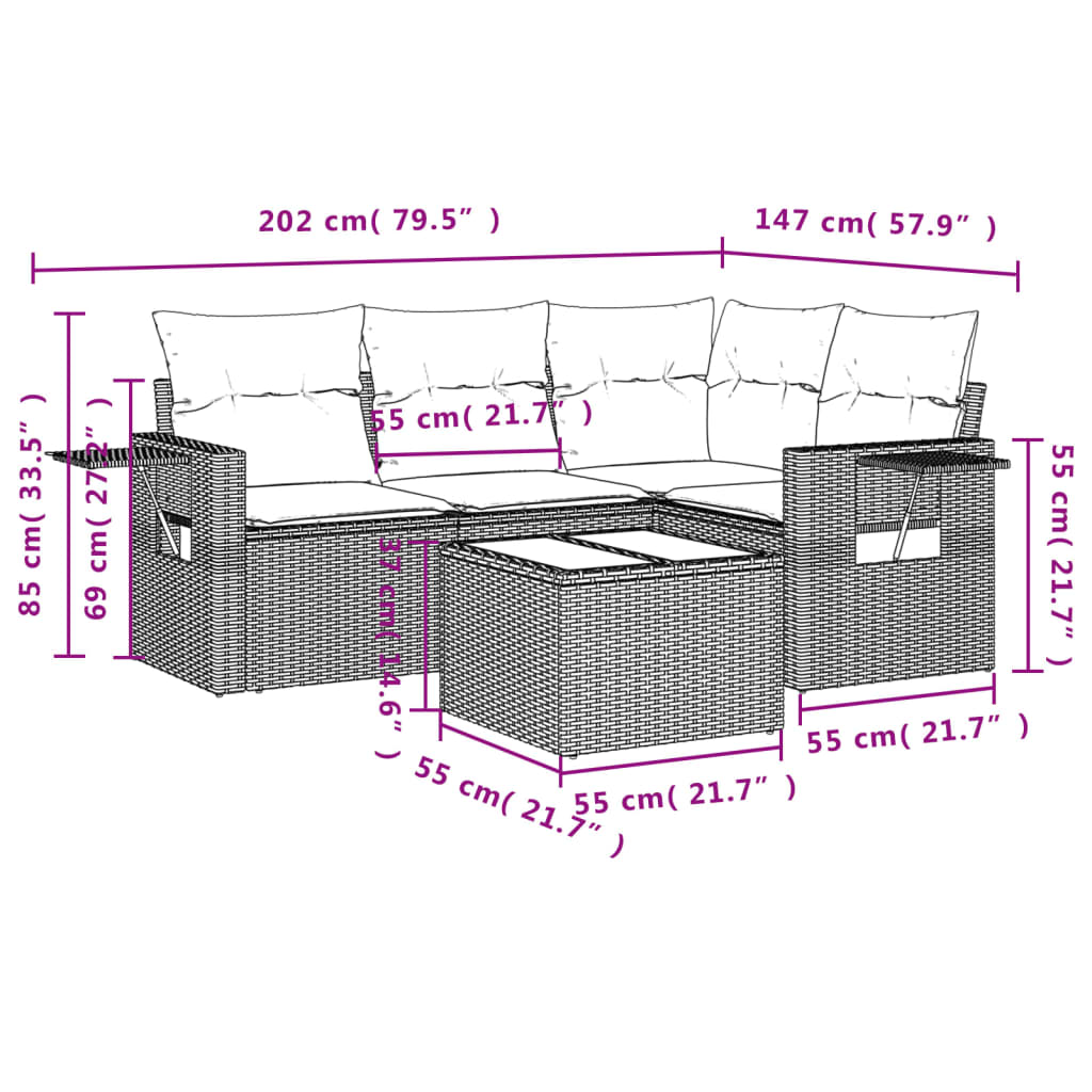 5-delige Loungeset met kussens poly rattan zwart – afbeelding 9