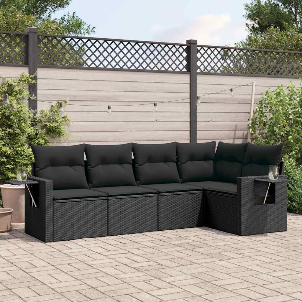 5-delige Loungeset met kussens poly rattan zwart – afbeelding 1