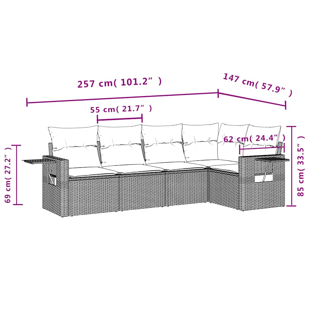 5-delige Loungeset met kussens poly rattan zwart – afbeelding 8