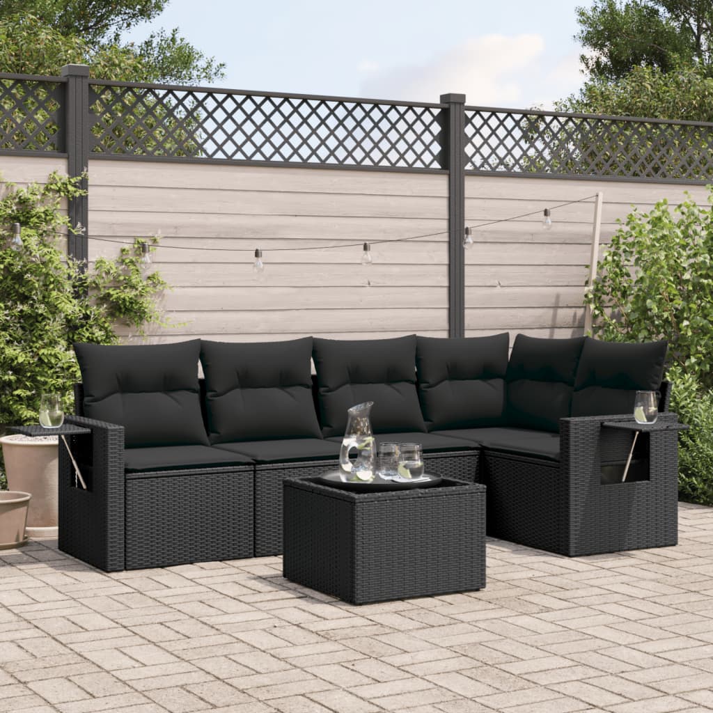 6-delige Loungeset met kussens poly rattan zwart – afbeelding 1