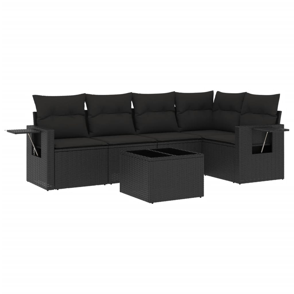 6-delige Loungeset met kussens poly rattan zwart – afbeelding 2
